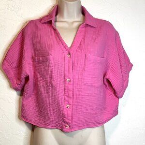 Love Notes Hot Pink Cotton Boxy Gauze Cropped Top L